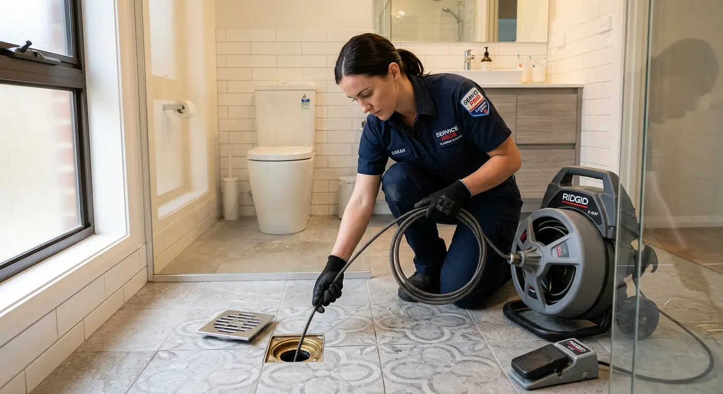 Technician clearing a bathroom floor drain for Drain Cleaning in Security-Widefield